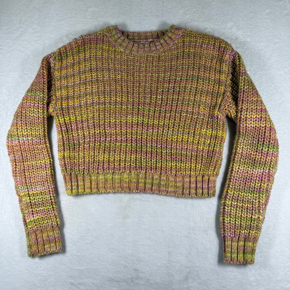 By Anthropologie Womens Small Marled Chunky Knit Cropped Crew Neck Sweater‎ Pink